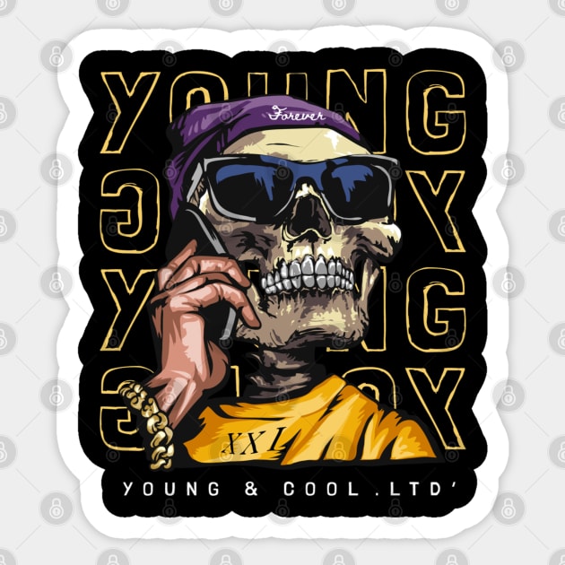 Young & Cool with skull in sunglasses and smartphone Sticker by Gouzka Creators 